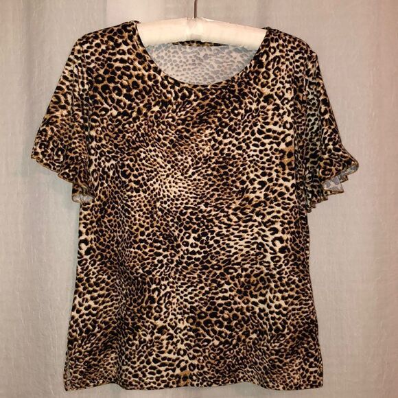 L Leopard Short Ruffle Sleeve Crewneck Top - Picture 2 of 8